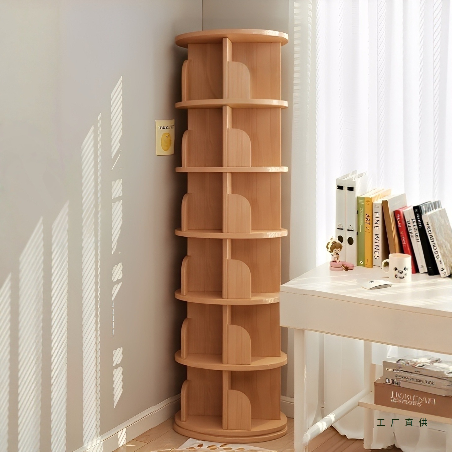 Solid Wood Rotating Bookshelf Integrated Wall Corner Storage Cabinet Round Floor-Standing Storage Rack 360-Degree Kidsren's Small Bookcase