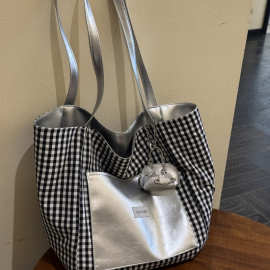 韩系高级感双面背银色托特包女2025新款黑白格子大容量通勤电脑包