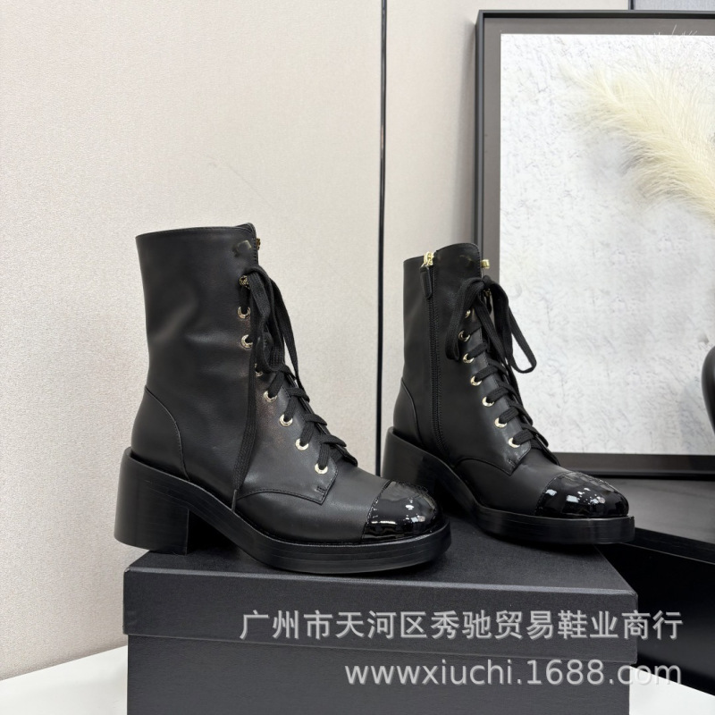 高版2025小香新品系带粗跟短靴真皮切尔西女靴增高瘦瘦靴马丁靴|undefined