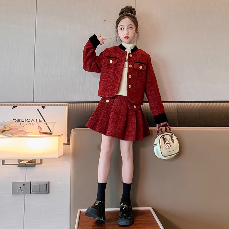 粗纺小香风复牛奶丝女童小香风套装秋冬款红色百褶裙两件套裙装