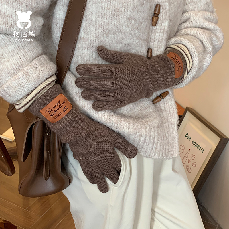 Maillard Korean Standard Long Knitted Gloves Women's Winter Windproof Five-Finger Warm Riding Ski Couple's Gloves Men