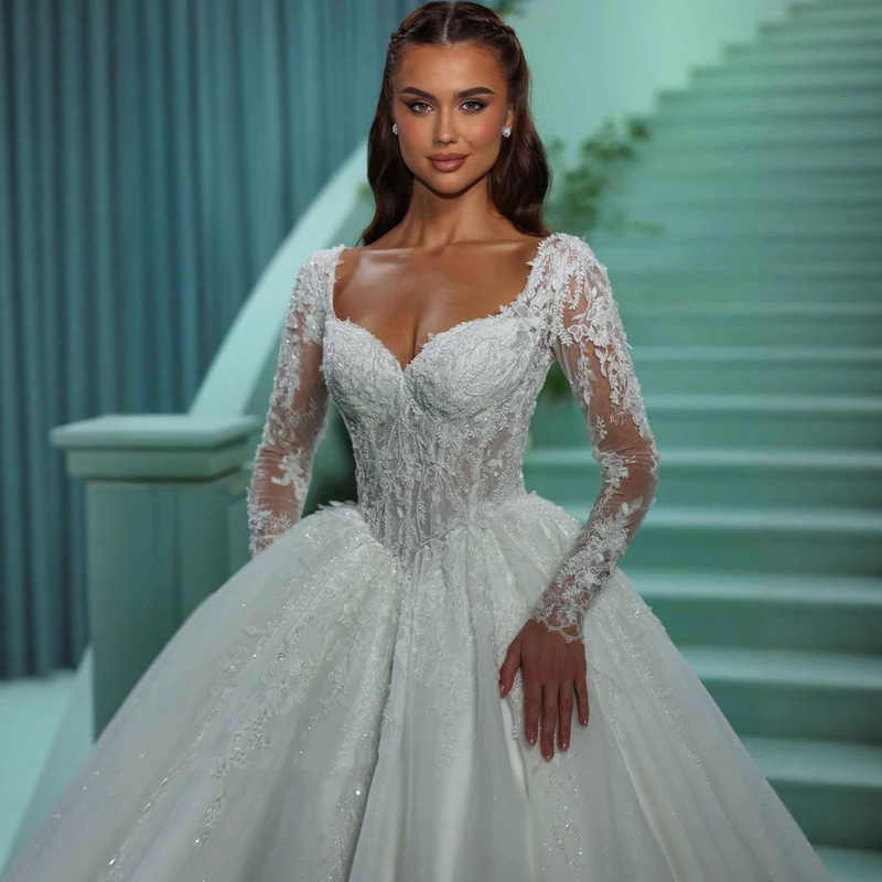Long-Sleeved Lace Wedding Dress, Spring and Autumn Style, Korean Simple Bridal Gown, Light Tulle High-End Reception Dress with Long Train