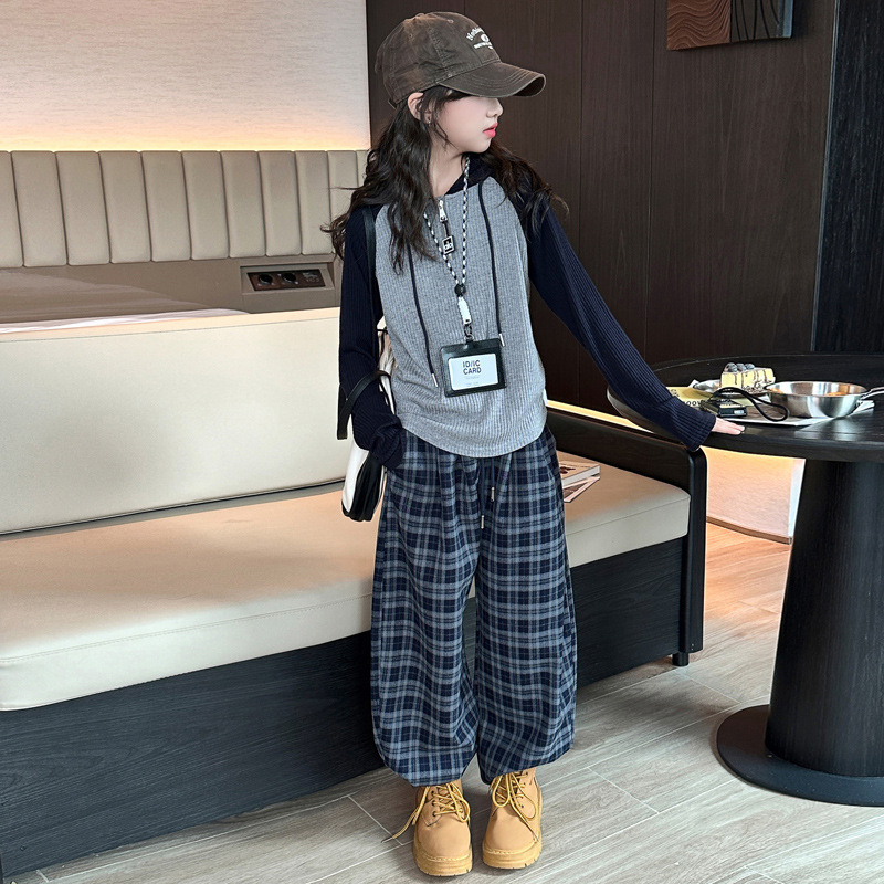 女童针织打底衫套装秋装2025新款韩系穿搭女大童休闲格子裤两件套|undefined