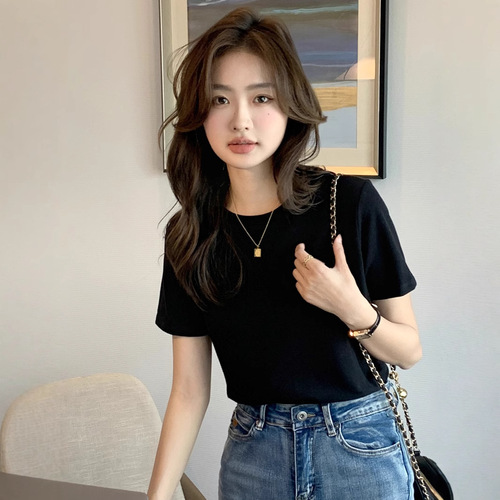 Summer Minimalist Shoulder Strap Short Sleeve 2025 Spring and Autumn Innerwear Crew Neck Versatile Solid Color Women's T-Shirt Top Trend