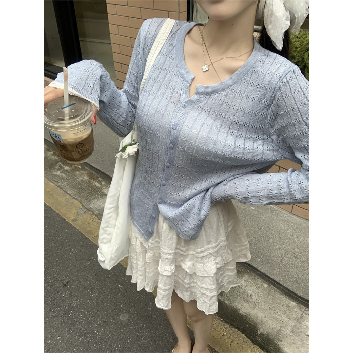夏季薄款针织防晒外搭温柔蕾丝花边外套韩系镂空慵懒风长袖上衣女|undefined