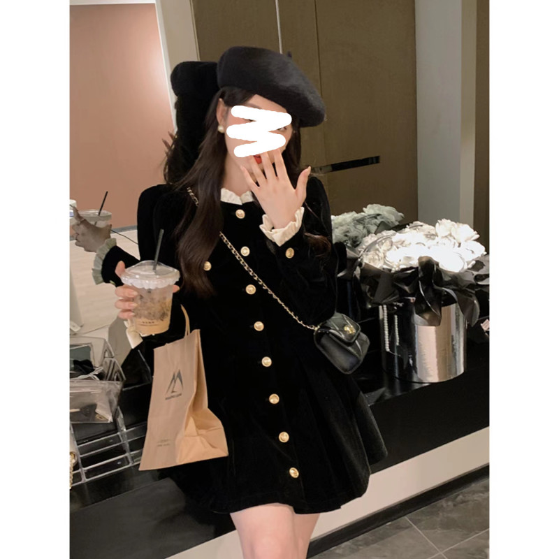 法式小香赫本风黑色高级丝绒连衣裙子女秋冬季气质收腰短裙女装潮|undefined