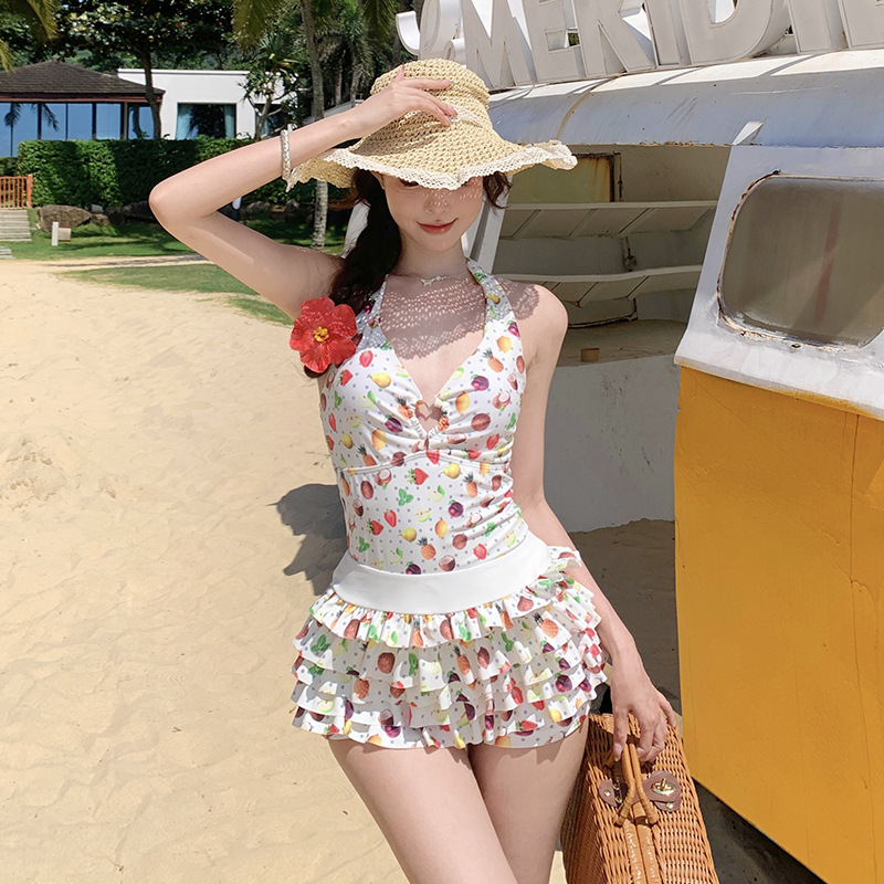 2025 New Swimsuit Sweet Girl Fruit Print Split Boxer Briefs Tight Conservative Hot Spring Swimsuit for Women