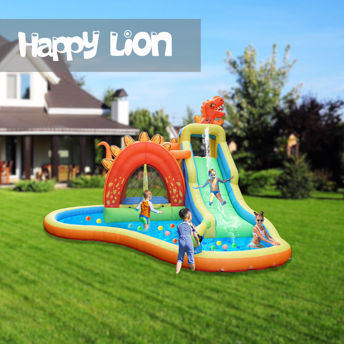 Happy Lion castillo inflable para niños spray de agua escalada en roca tobogán al aire libre para niños inflable travieso Castillo trampolín