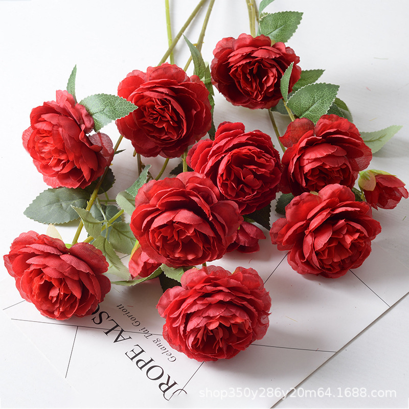 European Style 3-Head Peony Artificial Flower Home Wedding Decoration Artificial Flower Three-Headed Dew Lotus Silk Flower Artificial Flower Wholesale