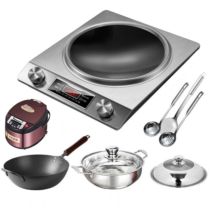 Cocina de inducción para uso doméstico, nuevo modelo con superficie cóncava, alta potencia para cocinar, estufa comercial a batería, juego completo para uso doméstico con olla, estufa de fuego potente.