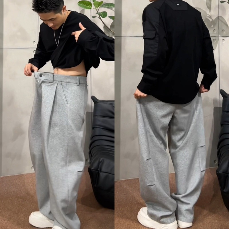 XDZZ25ss秋季百搭重磅高街慵懒感廓形捏褶阔腿时尚百搭男休闲长裤|undefined