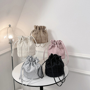 Cross-Border Export Drawstring Pleated Bucket Bag for Women 2025 New Niche Design Soft Leather Sweet Shoulder Bag Armpit Bag