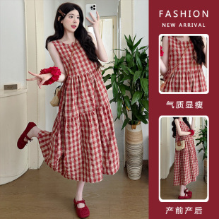 2025 Summer Dress Pregnant Women dress Korean Fashion Loose Round Neck Simple Western Style Cute Plaid Pregnant Women dress