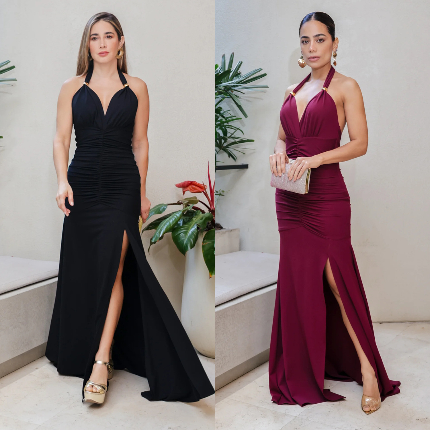 C7552 Aliexpress transfronterizo amazon Europa y América moda mujer elegante color sólido sexy V-collar vestido bifurcado