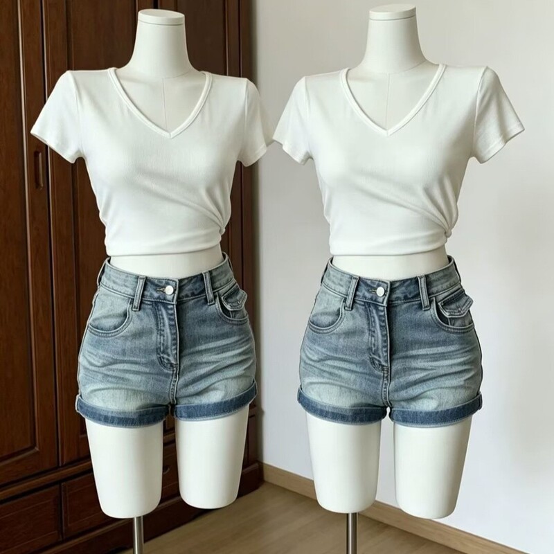 Women's Summer Denim Shorts, Mid-Waist, Everyday Tight-Fitting, Leg-Lengthening, American Casual Style, Versatile, Trendy Hot Pants for Stylish Girls