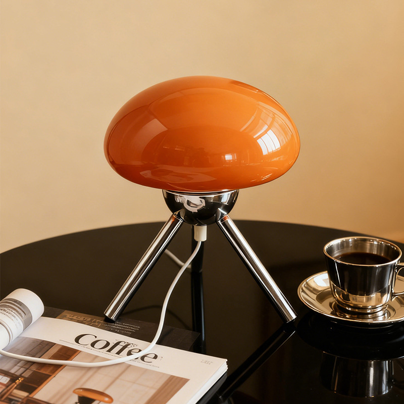 Mushroom Shaped Glass Table Lamp Metal Tripod Base Scandinavian Art Bedroom Bedside Atmosphere Lamp