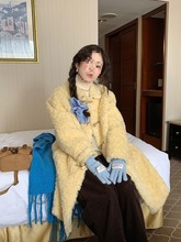 韩系慵懒风秋冬季软糯撞色牛角扣毛毛外套女加厚毛绒中长款大衣潮