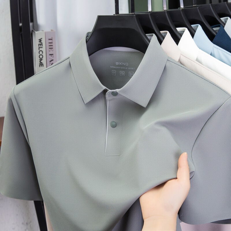 Ice Silk Short-Sleeved Polo Shirt for Men, High-End Summer Thin Style, Fully Seamless Nylon Spandex Elastic Lapel Polo Dropshipping