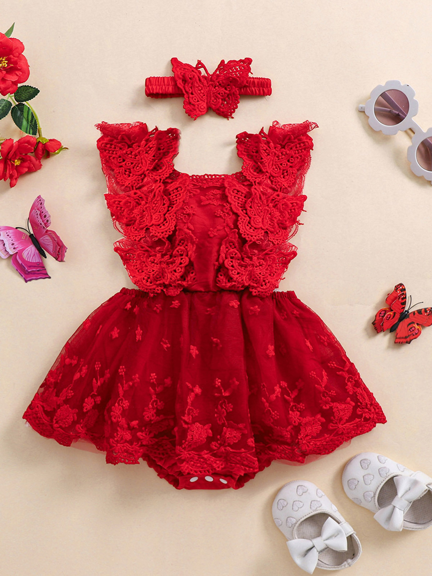 0.0 78.74ft Baby Girls Rompers Dress Lace Butterfly Fly Transfronterizo