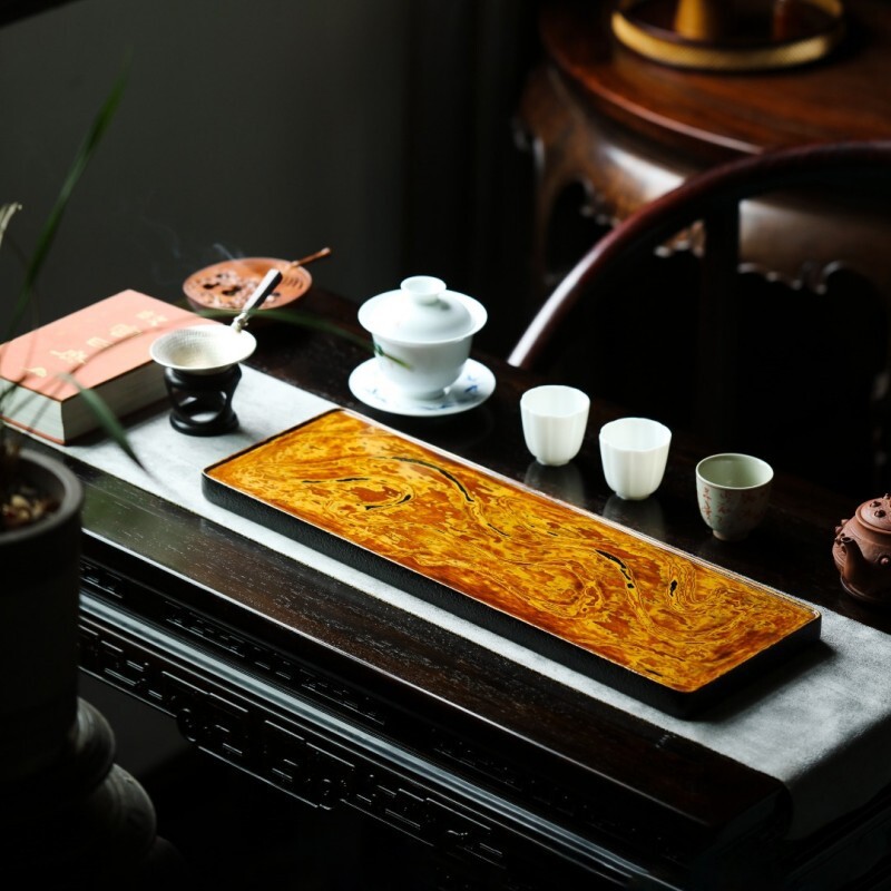 大漆琥珀金干泡台茶盘家用干泡茶台简约茶台新中式功夫实木茶具
