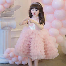 生日宴女童礼服蓬蓬裙花童婚礼小女孩粉色蛋糕裙连衣裙儿童公主裙