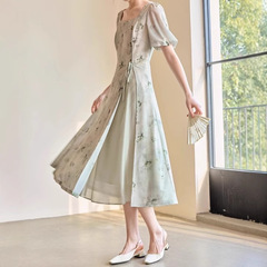 2025夏服新中国風ワンピース女性泡袖角襟水墨画プリントスカートL85S322