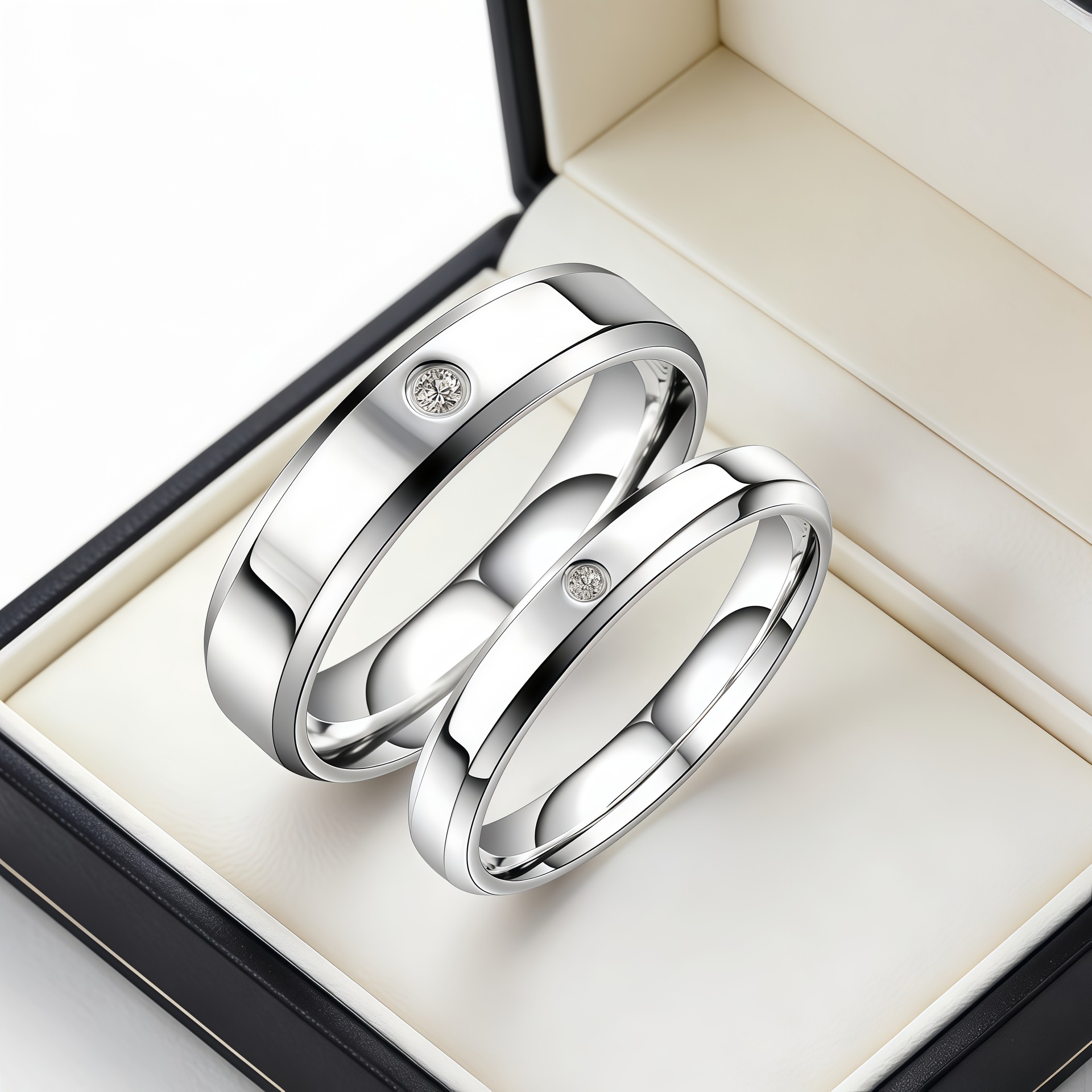 Huayue Jewelry Gold Store's Popular Couple's Model: Hong Kong-Style Diamond-Encrusted Titanium Steel Wedding Rings with Beveled Edges and a Fashionable Glossy Finish