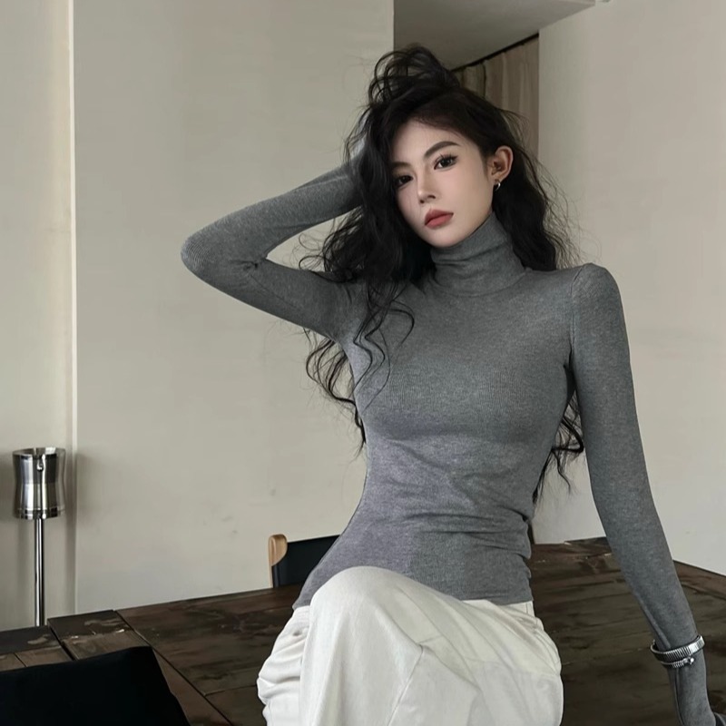 加绒保暖T恤女秋冬弹力灰色高领上衣国风打底衫衣服长袖秋冬加绒