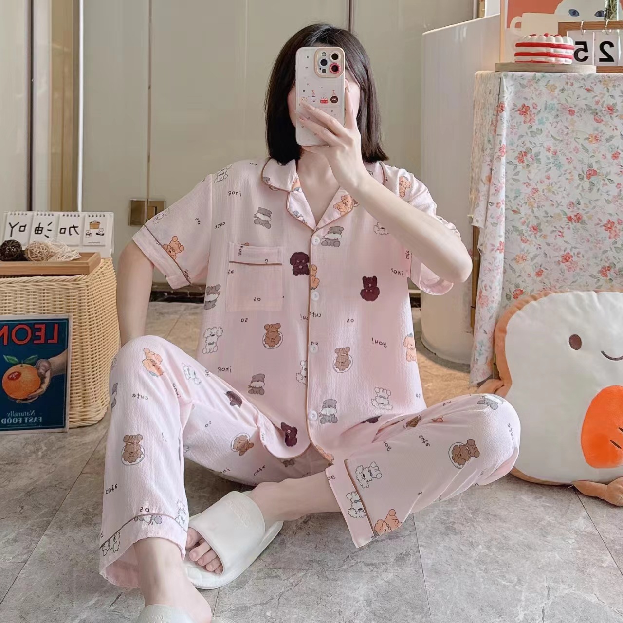 Pajamas de espuma tejidos de verano de algodón pantalones largos de mangas cortas ropa para el hogar de verano delgada de algodón conjunto de dos piezas