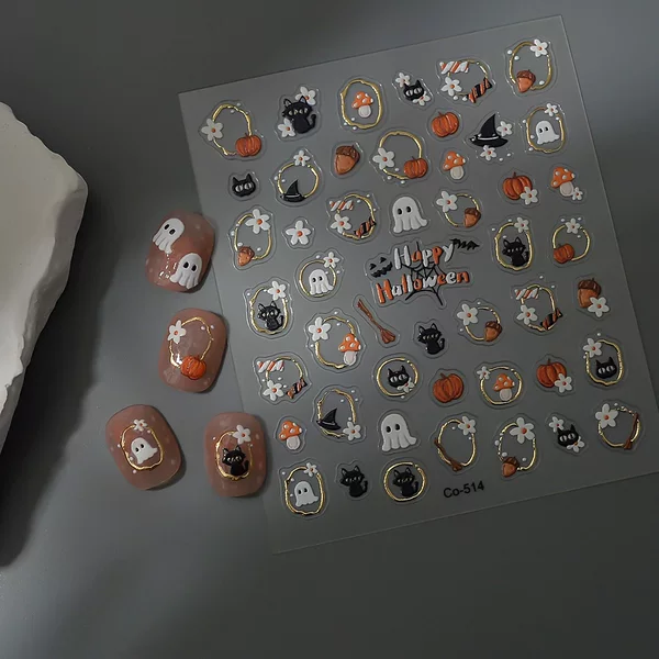 Cute Cartoon Ghost Nail Art Stickers Ins Style Pumpkin Cat Bronzing Embossed Nail Jewelry Mobile Phone Decoration Stickers