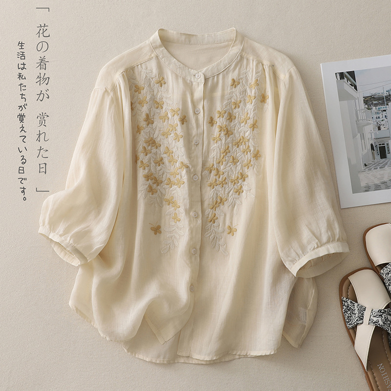 4色のエスニックスタイルのコットンとリネンの刺繍入り七分袖シャツ、女性用、シングルブレスト、レトロで多用途なトップス、2025年夏スタイルシャツ|undefined