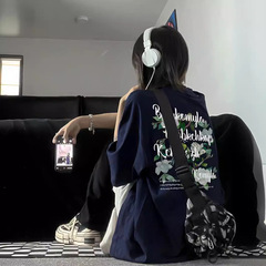 夏季复古墨绿色T恤宽松女学生休闲短袖原宿风印花百搭上衣服