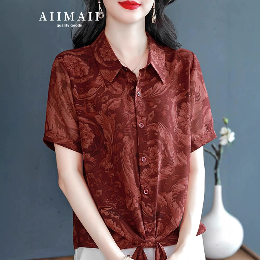 Летняя женская блузка из шифона премиум-класса Guangdong 2025 Puning, короткий рукав, шелк тутового шелкопряда, для беременных и молодых мам.