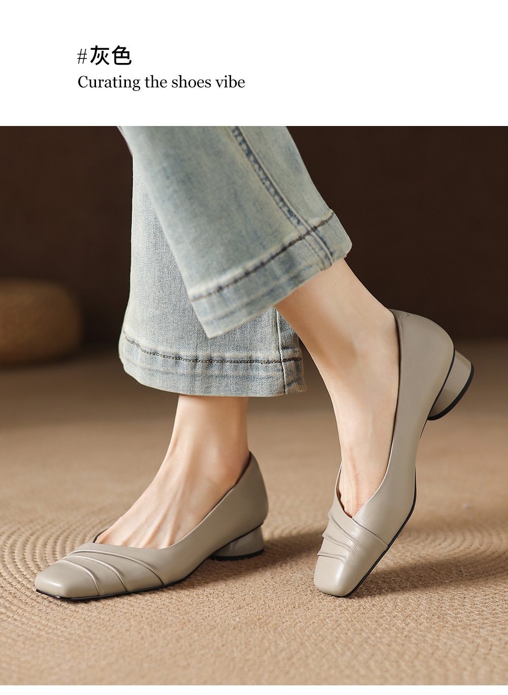 Giày cao gót nữ da cừu mũi vuông gót thấp 3 cm, kiểu dáng nếp gấp thanh lịch — đen chi tiết 6