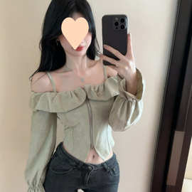 韩系气质一字领吊带衬衣女春秋季新款小众露肩荷叶边小衬衫上衣