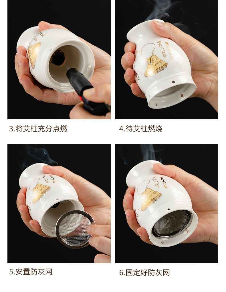 Ceramic Moxibustion Jar with Gua Sha Lid Double Layer Heat Shield Home Warming Tool with Cloth Sleeve in use