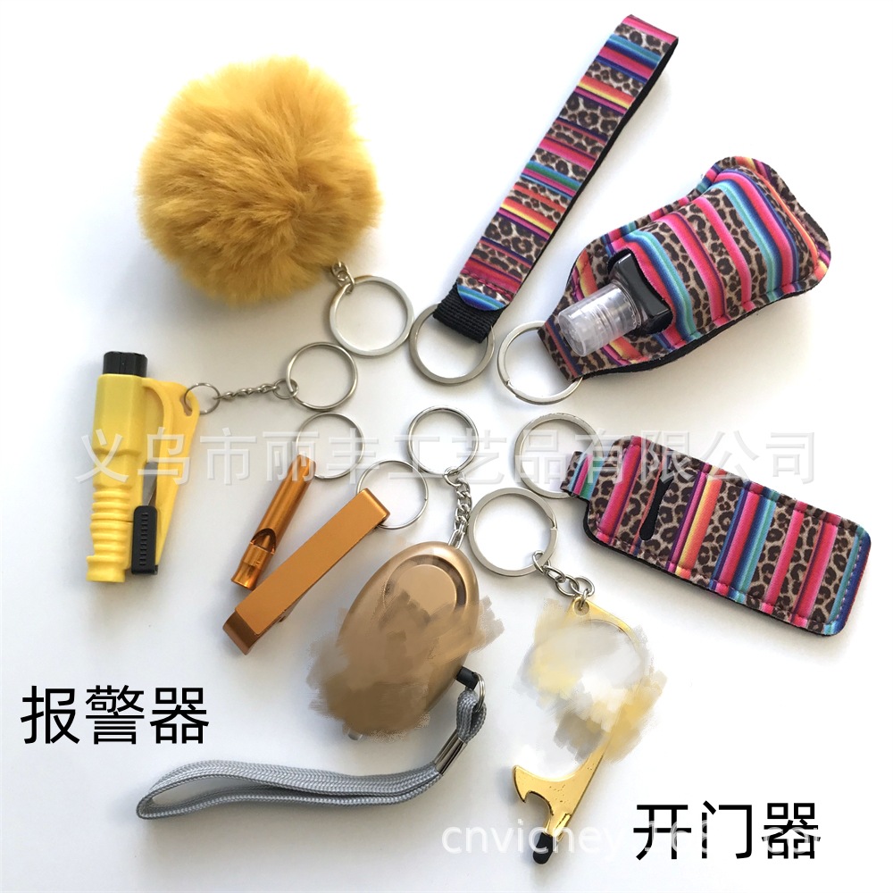 Llavero de muñeca de espejo cruzado Juego de 10 piezas Bolsa de desinfectante de manos para mujer Llavero de alarma de aluminio