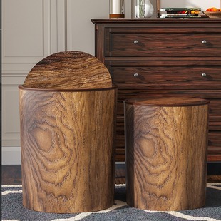 Vintage Wood Grain Trash Bin Household New Leather Large Capacity Bedroom Office Bathroom Creative Chinese Style Trash Bin