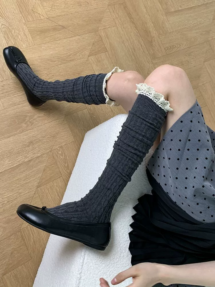 Осенние и зимние толстые твистовые вертикальные полосатые складные носки из хлопкового кружева носки для ног тонкие, серые высокие носки