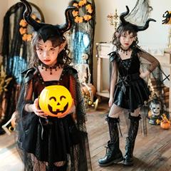 ハロウィンの子供のコスプレ服の魔女の舞台は女の子のショーの吸血鬼の暗い夜の精霊のワンピースを演じます。