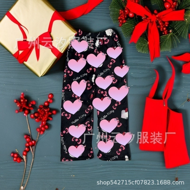 Comercio exterior Año Nuevo Navidad dibujos animados KT gato pijama pantalones gruesos de las mujeres Otoño e Invierno Polar forrado cálido casual casa pantalones de franela