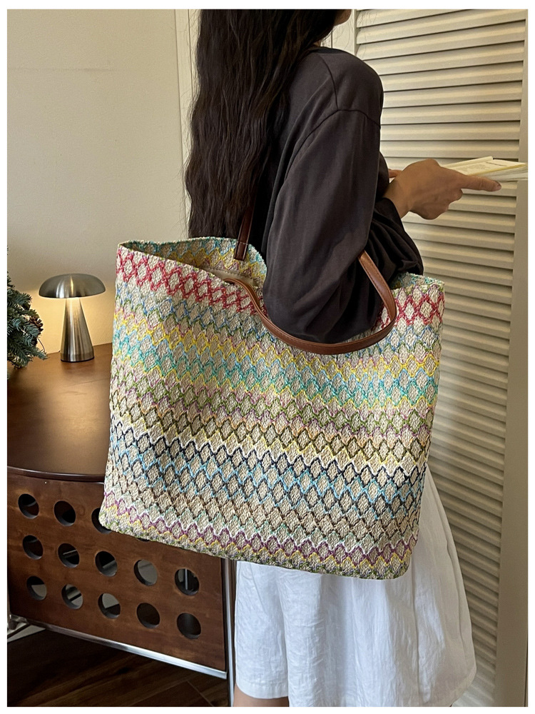 Women's Large Woven Tote Bag Shoulder Bag With Contrast Texture_voghion.com