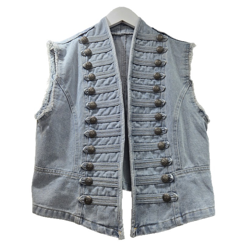 Nuevo estilo americano de estilo retrógrado corte de moda delgada industria pesada hebilla tridimensional sin mangas de cuello chaleco de mujer moda