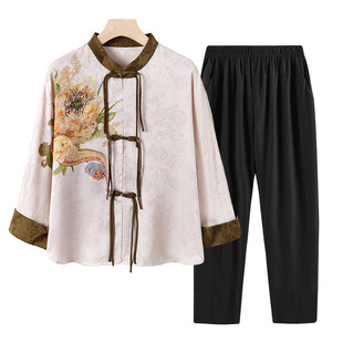 Middle-aged mother spring and summer new Chinese-style silk-like shirt coat middle-aged and elderly women's national style buckle cardigan set