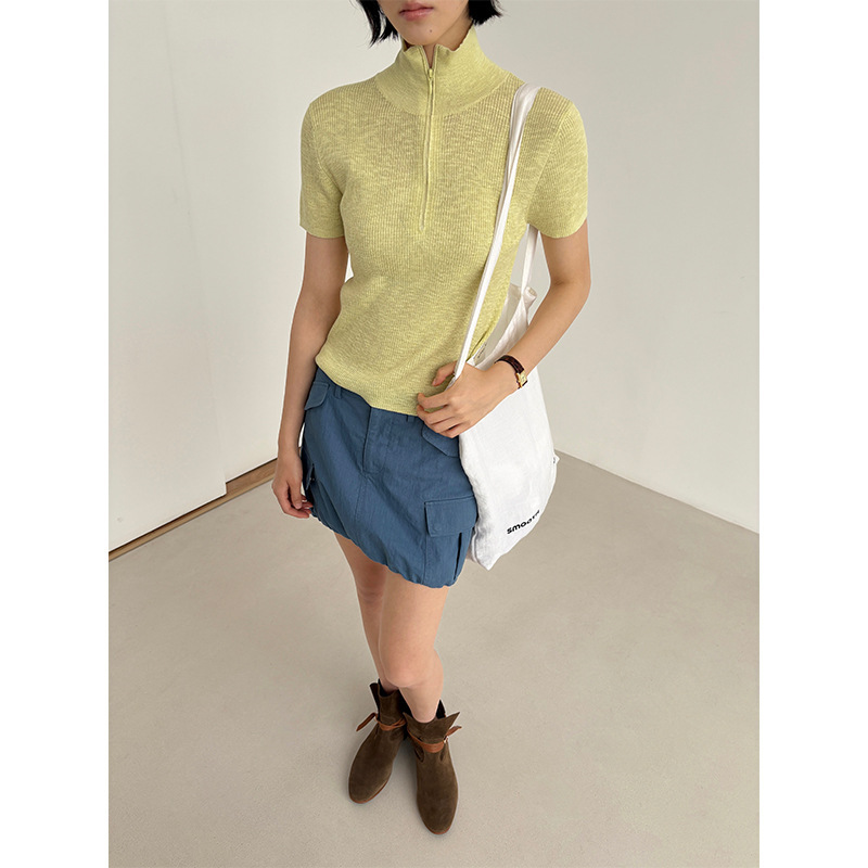 Allo Fu Casual Cool Half-Zip Knit Short-Sleeve Shirt Summer Women's Stand-Up Collar Slightly Sheer Textured Top 1259