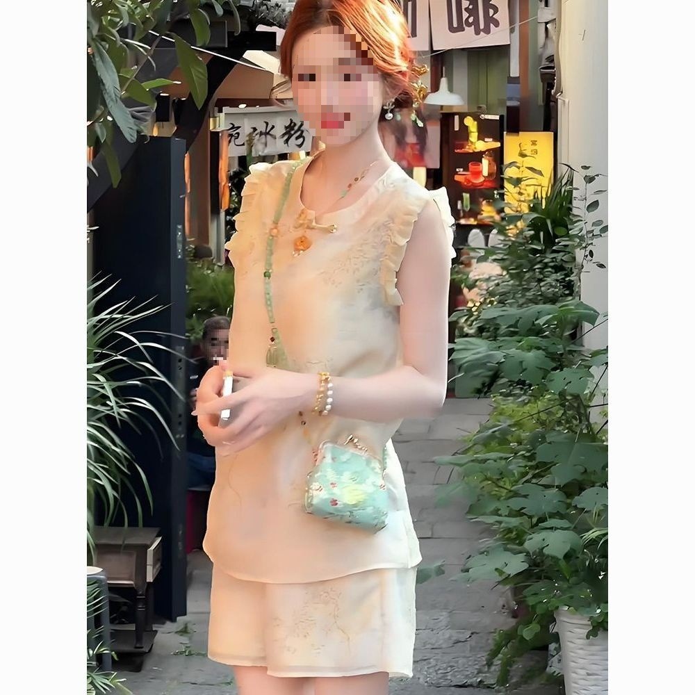 Bộ quần áo mùa hè nữ 2 món tay lỡ ngắn + quần short, phong cách tân cổ điển Trung Quốc, màu hạnh nhân — Màu sắc hạnh phúc chi tiết 1