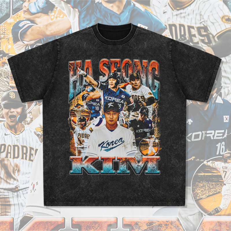 Cross-border Retro Baseball Ha-Seong Kim Printed Short-sleeved T-shirt Vintage Washed Heavy Cotton Small neckline