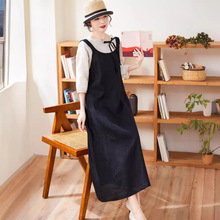 文艺复古棉麻女装减龄亚麻黑色连衣裙2025新款早春女装背带裙上衣