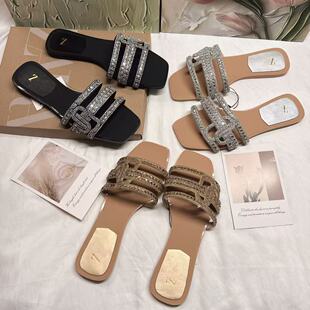 Zr Cross-Border Rhinestone Women's Slippers African Popular Spring and Summer Versatile Flat Slippers Shoes