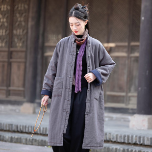 25 Winter New Chinoiserie Retro Button-Down Cotton Robe Women's Zen Sand-Washed Quilted Thickeneded Cotton and Linen Long Cotton Coat
